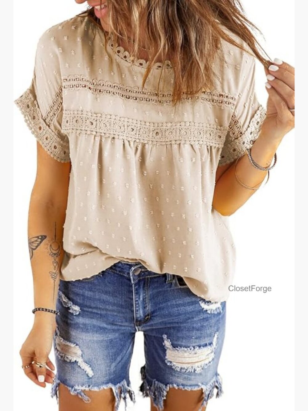 Crewneck Lace Crochet Short Sleeve Blouse Loose Fit Top